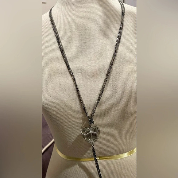 PUFF HEART STATEMENT GLASS CHAINED TRIPLE NECKLACE WITH TASSEL WITH TASSLE - Picture 1 of 5